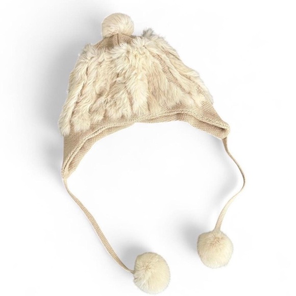 Cream Knit Rabbit Fur Pom Pom Beanie - Picture 2 of 2